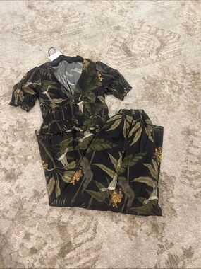 Tropical Print Black Wide-Leg Jumpsuit